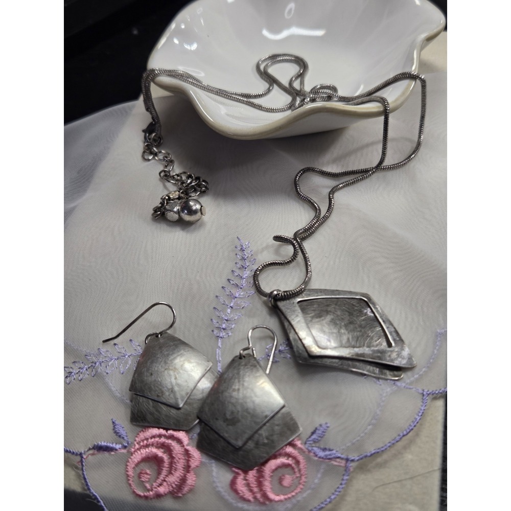 Vintage Marjorie Baer SF Necklace Earrings Set Silver Tone Geometric 28"